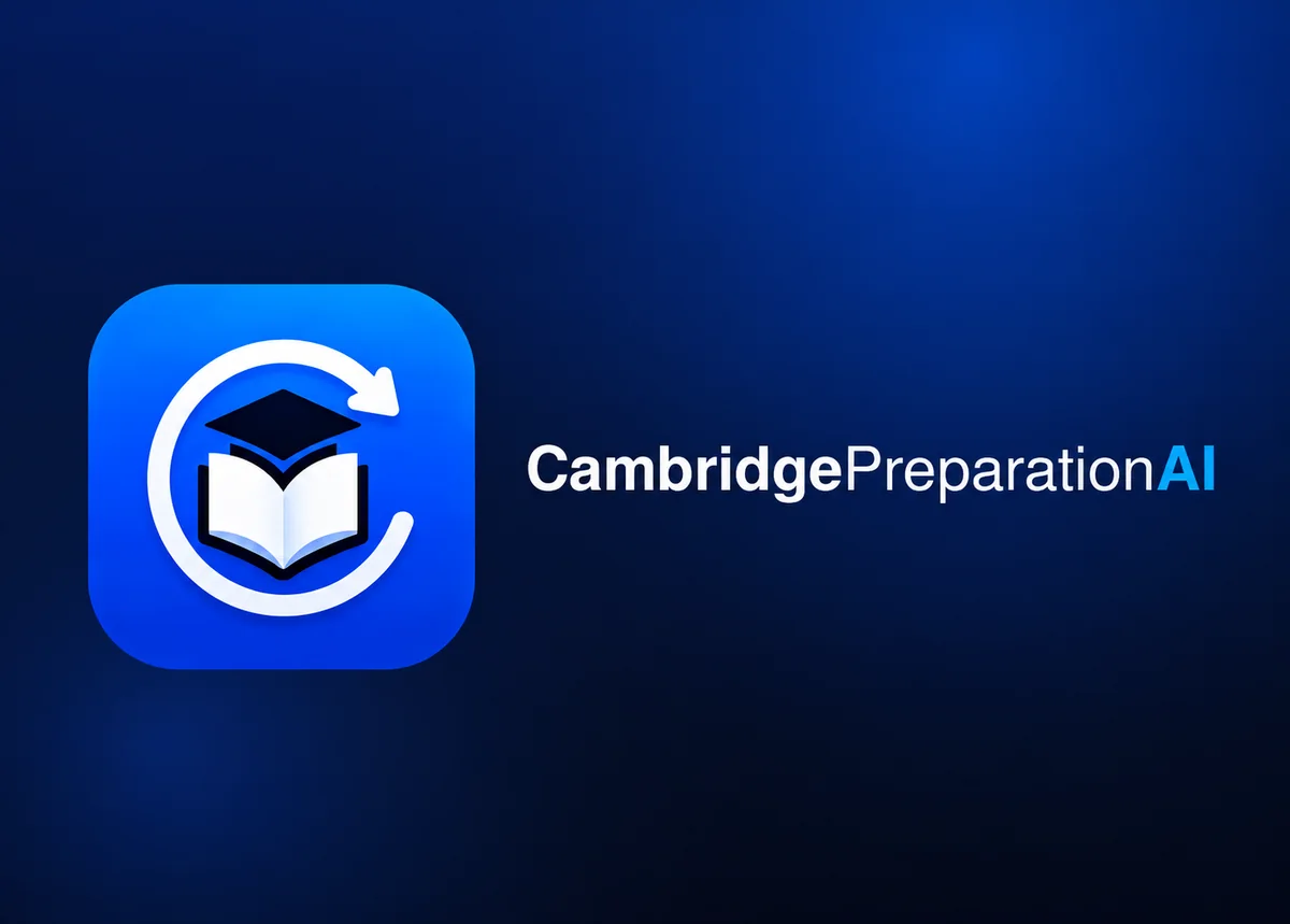 CambridgePreparationAI logo and wordmark on a navy background