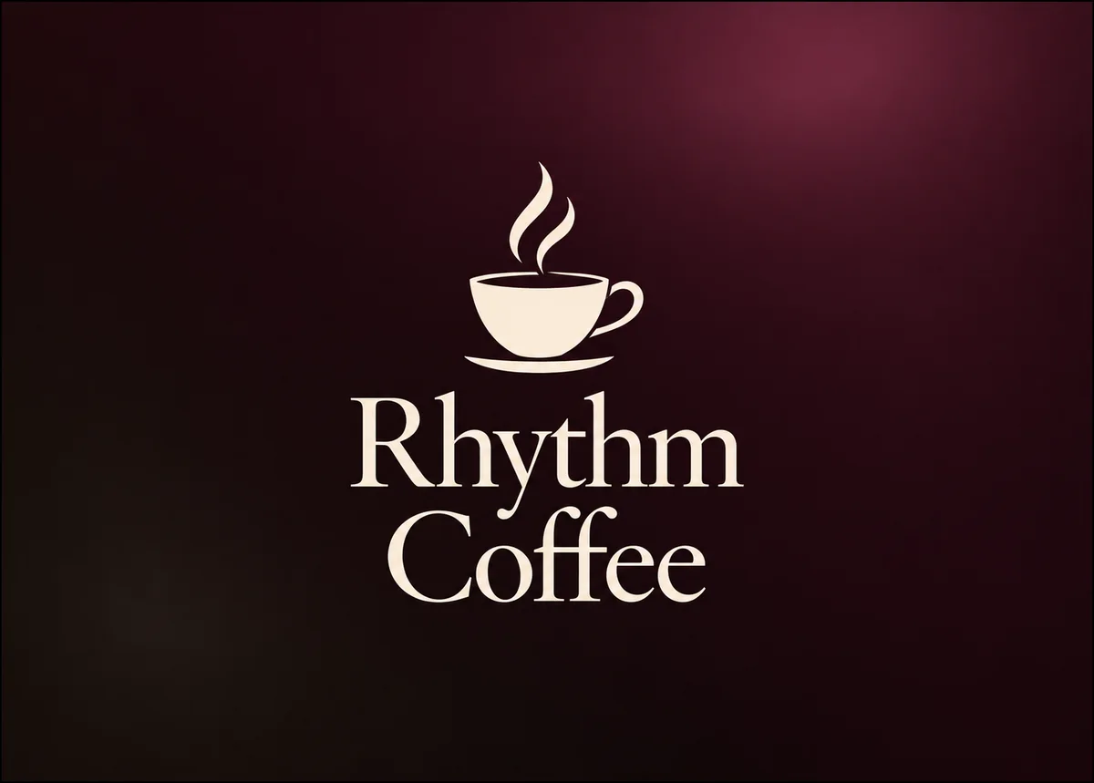 Rhythm Coffee cup emblem and cream wordmark on a deep fig background